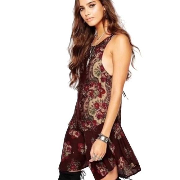 Free People Maroon Paisley Floral Print Dobby Dot Slip Dress Small - Picture 3 of 12